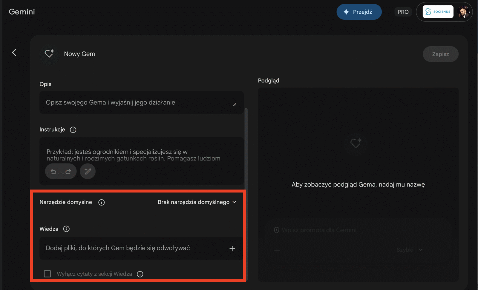 Asystent AI + dokument kontekstowy Gemini 